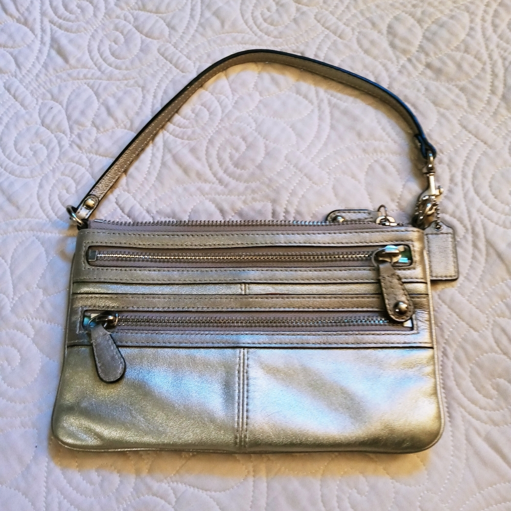 Coach Legacy Zippy Silver Metallic Leather Large Wristlet/Baguette